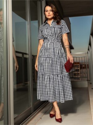 VESTIDO TRICOLINE CHEMISE XADREZ LUZIA FAZZOLLI