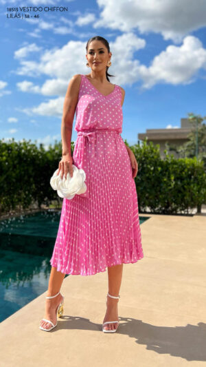 VESTIDO CHIFFON PLISSADO ESTAMPA POÁ LUZIA FAZZOLLI