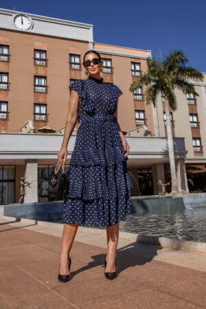 VESTIDO CHIFFON POÁ COM CINTO LUZIA FAZZOLLI