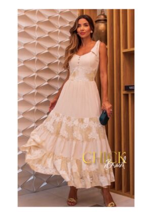 VESTIDO CREPE COM TULE BORDADO LUZIA FAZZOLLI