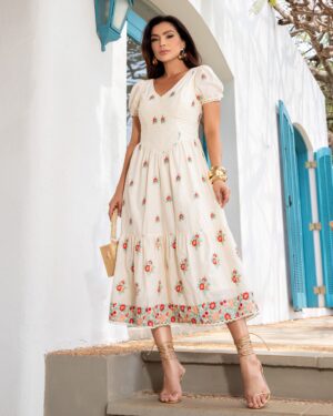 VESTIDO MIDI VOIL BORDADO LUZIA FAZZOLLI