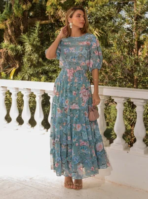VESTIDO DE CHIFFON ESTAMPADO COM ENTREMEIOS LUZIA FAZZOLLI
