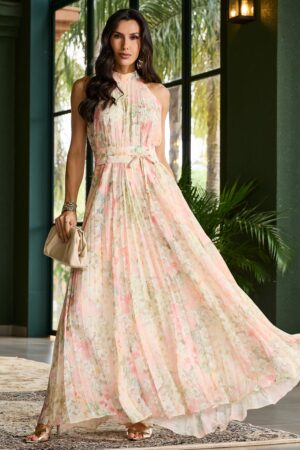VESTIDO LONGO CHIFFON PLISSADO LUZIA FAZZOLLI